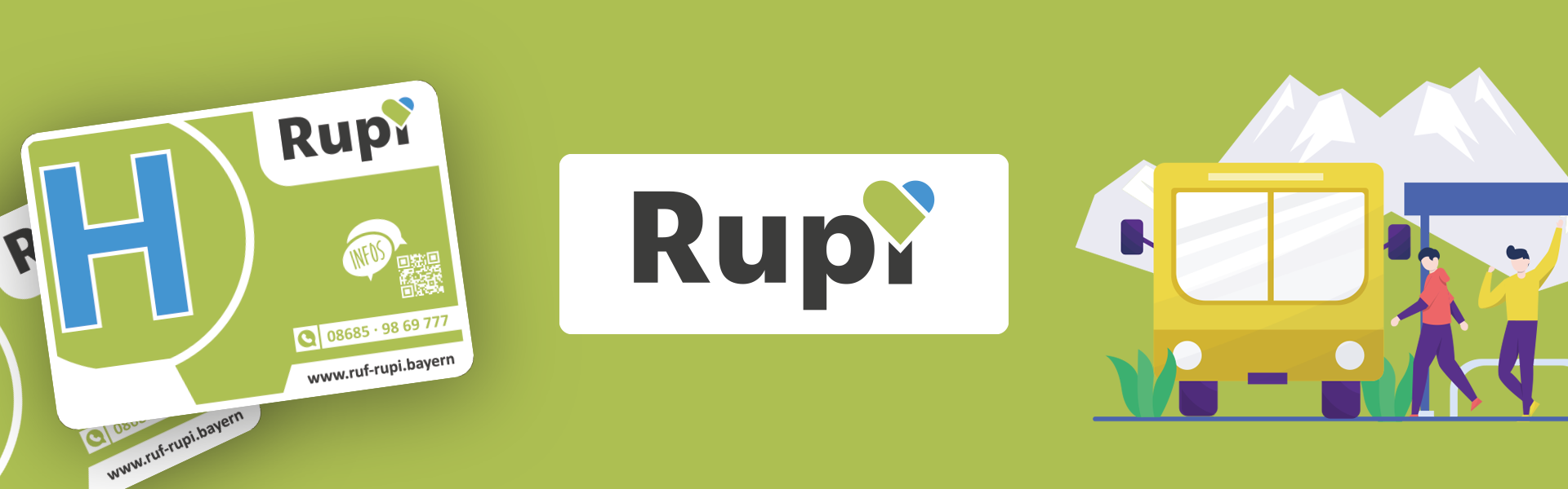 Hauptmotiv Ruf Rupi, Logo und Illustration von einem Bus.