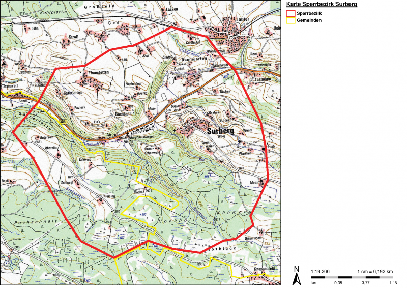© Landratsamt Traunstein      Karte Sperrbezirk im Gemeindegebiet Surberg und Stadtgebiet Traunstein