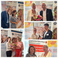 im Uhrzeigers. v. li oben: 1 Prof. Dr. Thorleif Etgen (KSOB Neurologie), Dr. Mai Aumüller-Ngyuen (Vors. Alzheimer Ges. Südostb. e.V.; 2 Dr. Christine Schwendner (Bay StMGP), Werner Fertl (Vors. der Lokalen Allianz u. Seniorenbeauftr. des Landkreises TS), 3 Katharina Babl (Fachst. für pflegende Angehörige und Demenz Lkr. TS – BRK), Nikolas Dietzel (FAU Erl.-Nürnb., DigiDEM Bayern), 4 Susanne Aicher (Pfl.stützp. TS), Dr. Christine Schwendner, 5 Katharina Babl, Monika Sandbichler (Leiterin Altenheim Siegsdorf)